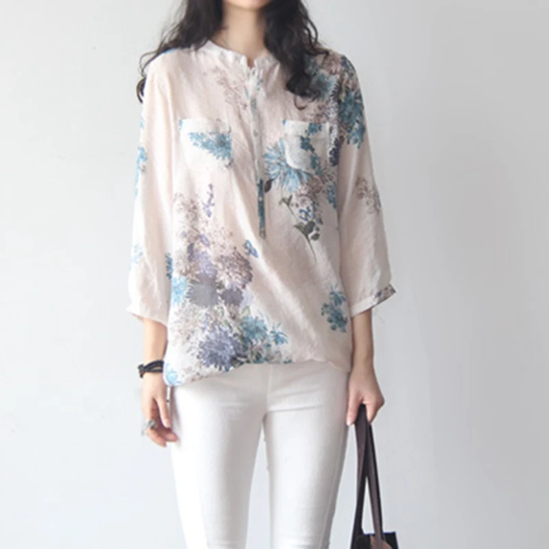 Cotton Linen Floral Print Shirt blusas mujer de moda 2020 Autumn Loose-Fit  three Quarter Sleeve Shirts Women vintage Clothes