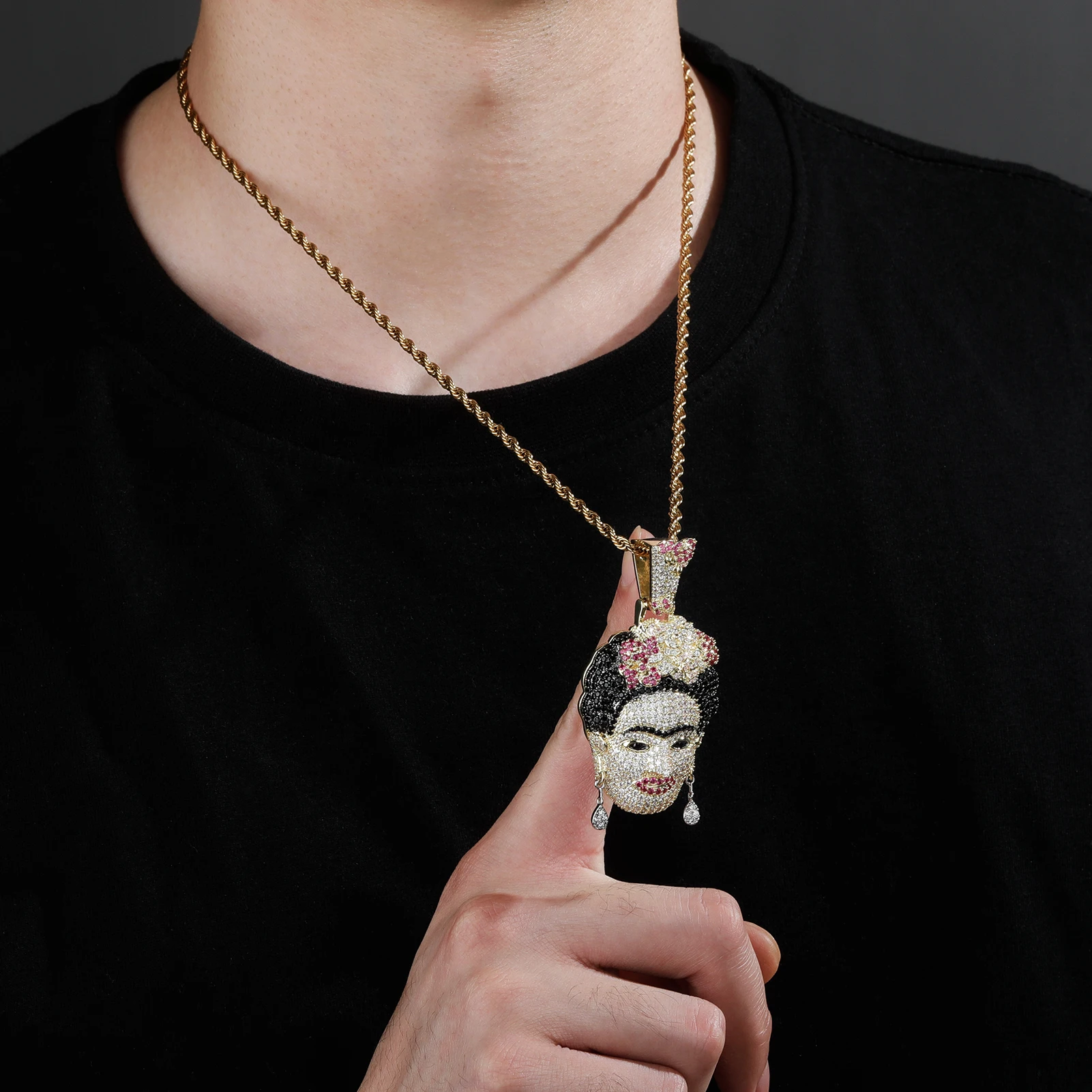 GUCY Character's Head Necklace & Pendant Gold Color Bling Cubic Zircon Men's Hip Hop Rock Street Jewelry