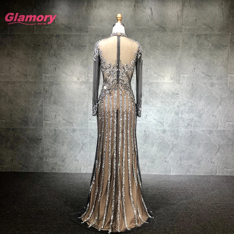 2020 New Women's Long Sleeve Dress Luxury Beading Mermaid Party Halter Neck Turkish Evening Dresses