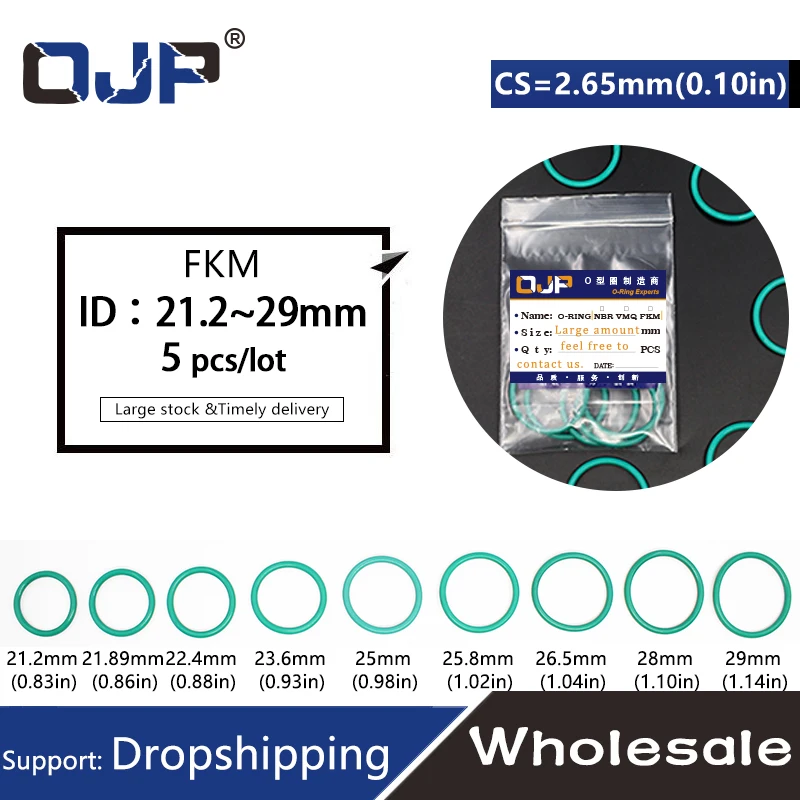 5PCSยางฟลูออรีนสีเขียวFKM OringซีลCS2.65mm ID21.2/21.89/22.4/23.6/25/25 8/26.5/28/29 มม.ORingซีลปะเก็น
