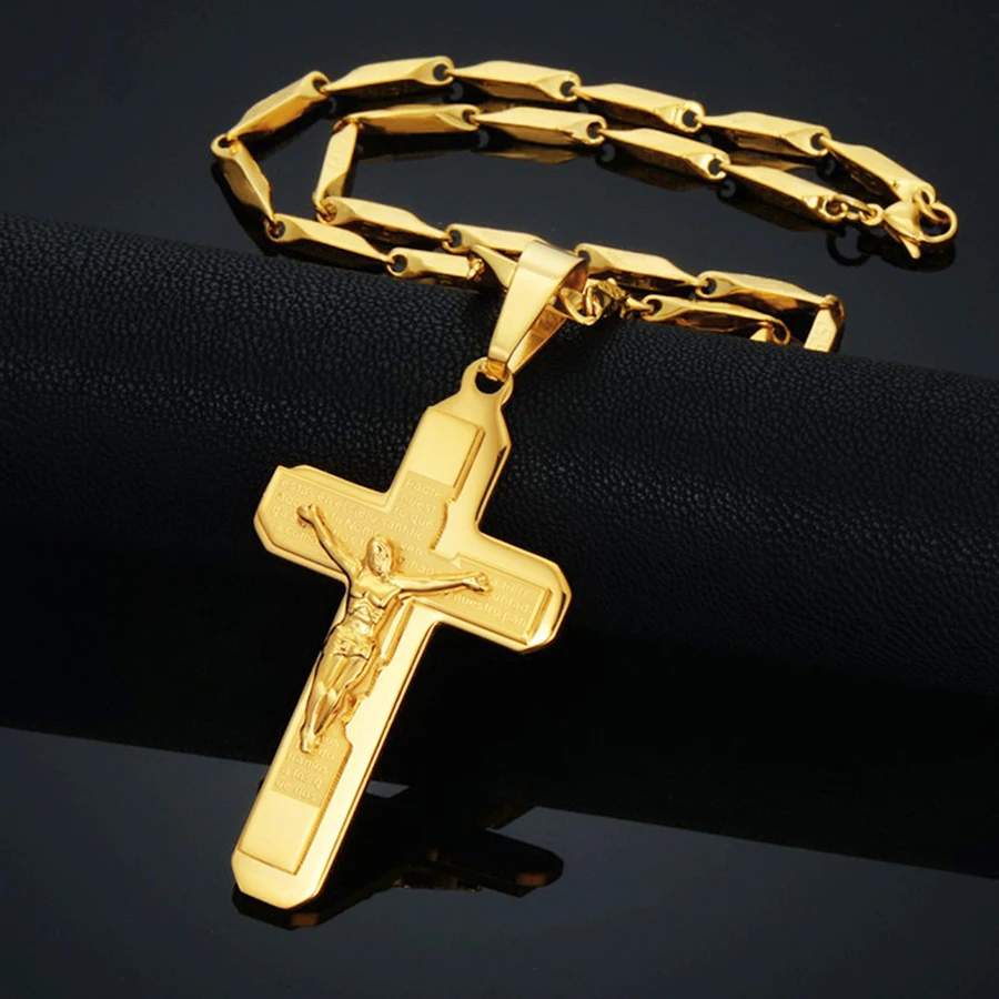 Religious Men\'s Jesus Cross Necklace Male Gold Color Stainless Steel Chain Bible Crucifix Pendant For Men Christian Jewelry Gift