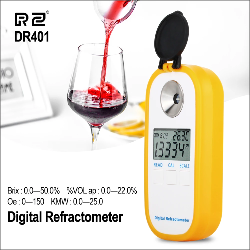 

RZ Digital Display Refractometer Brix 0-50% Alcohol Range 0~22% Refractometer Brix Beer Wine Fruit Grape Sugar Saccharimeter