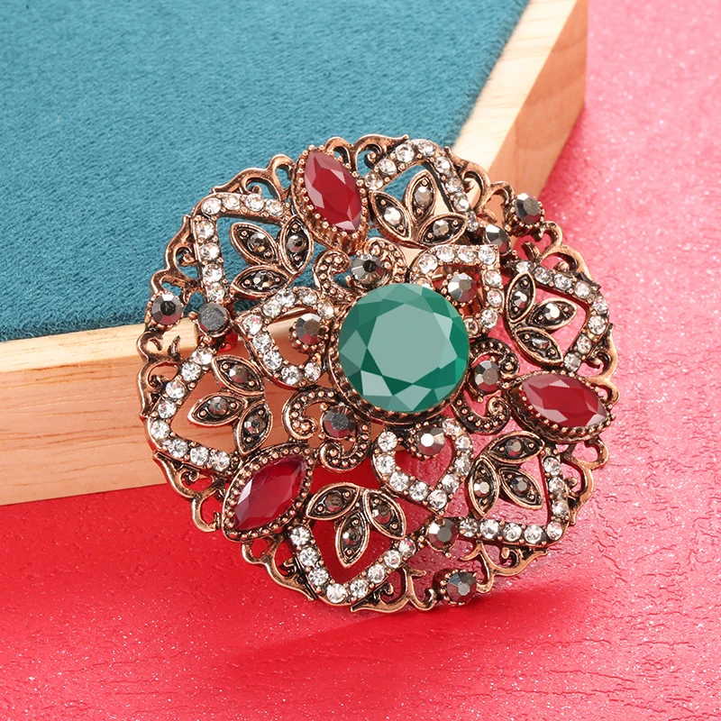 Kinel Turkish Crystal Hollow Flower Vintage Brooch for Women Antique Gold Color Boho Ethnic Bride Wedding Jewelry Badge Gift