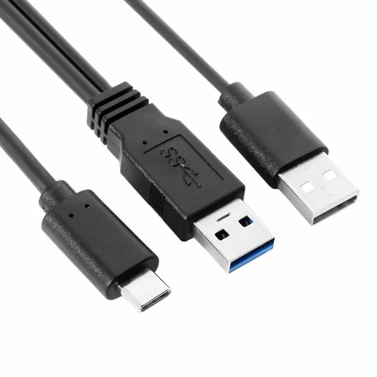 USB 3.0 Power Data Male & USB 2.0 Dual Power to USB-C Type-C Y Cable Cord for Lap top & Hard Disk 60cm Black