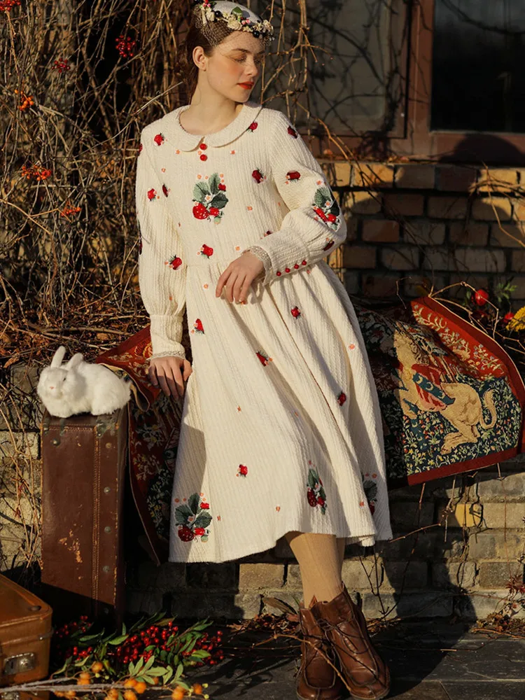 Spring Original Design Autumn Winter Women Vintage Elegant Dresses Sweet Strawberry Embroidery 100%Cotton Knitted Dress