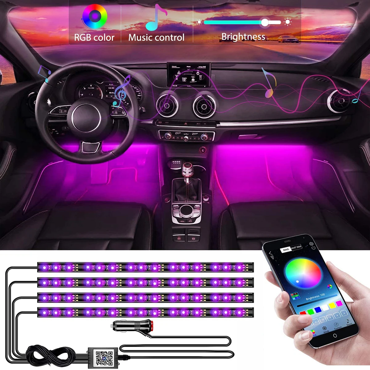 Car LED RGB Strip Lights Ambient Neon LED Bar APP Control For Car Accessories Interior Decoration Atmosphere Lamps Cigarette 12V