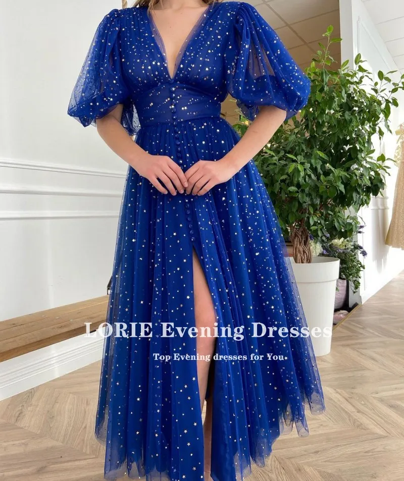 LORIE Royal Blue Prom Dresses scollo a v Cap Sleeve Stary maniche corte abiti da sera arabi Tulle a-line Celebrity Party Dress