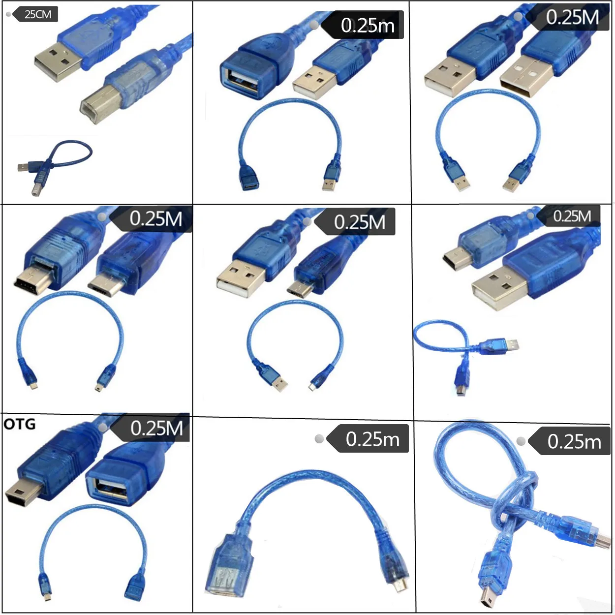 0.25m USB2.0male to female Charger cable usb mini 5P micro 5P AM AF BM Printer Extendsion OTG cables For computer PHONE