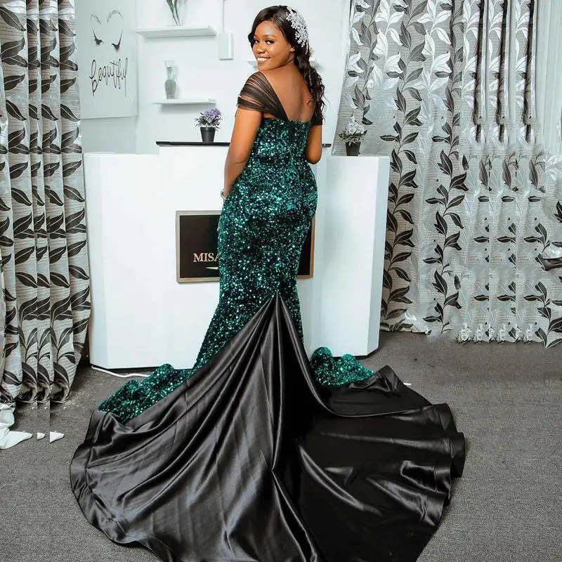 Sparkly Dark Green Mermaid Prom Dresses Aso Ebi Style Cap Sleeves Sequined Evening Gowns Black Sweep Train Formal Party Dress