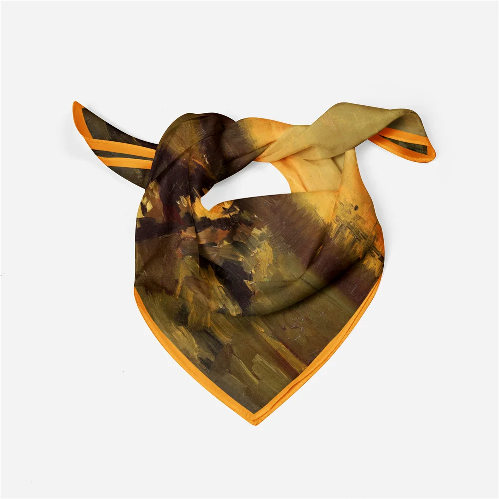 Twill Silk Scarf Woman Dusk Painting Square Scarves Wraps Bandana Small Hijab Silk Foulards Tie Headband Neckerchief 53CM