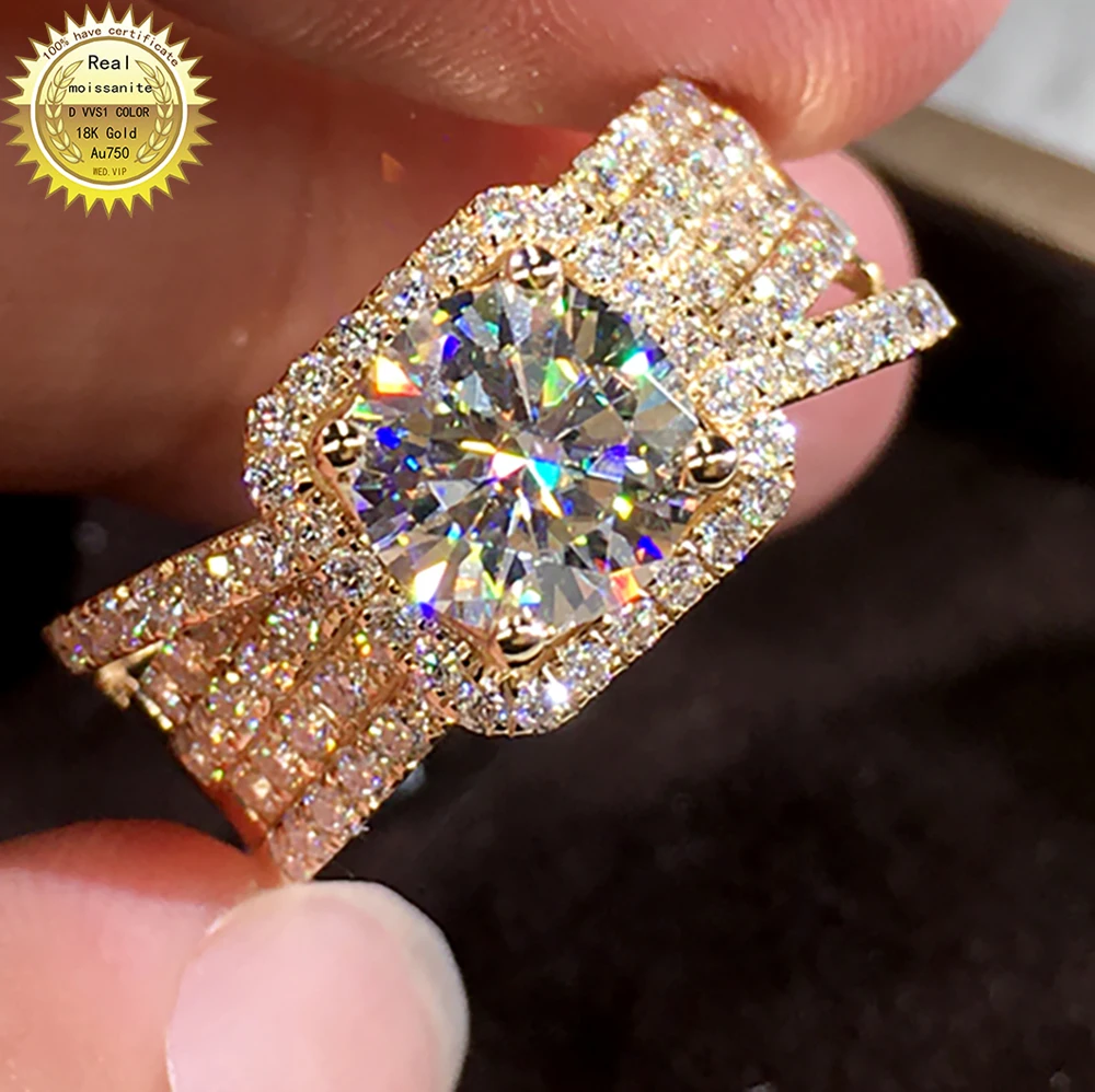 10K Au417 Yellow Gold Ring Moissanite Diamonds 1 2 34 5 Ct Round 5 Lap Luxurious Flash Wedding Party Engagement Anniversary Ring