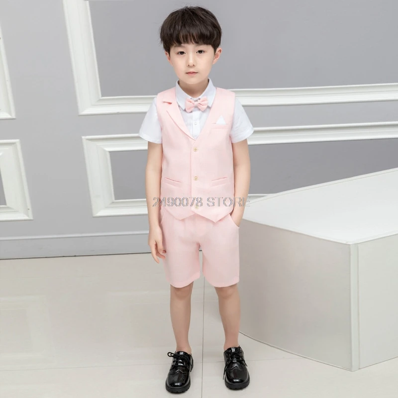 Kids Boys Summer Vest+Shorts 2PCS Clothing Set Gentleman Wedding Dress Children Plaid Party Formal Wear Suit F130