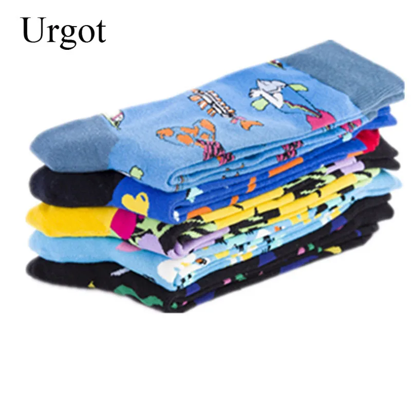 Urgot 5 Pairs Casual Men\'s Plus Large Size 44,45,46 Colorful Happy Socks Flower Creative Series Socks Meias Calcetines Hombre