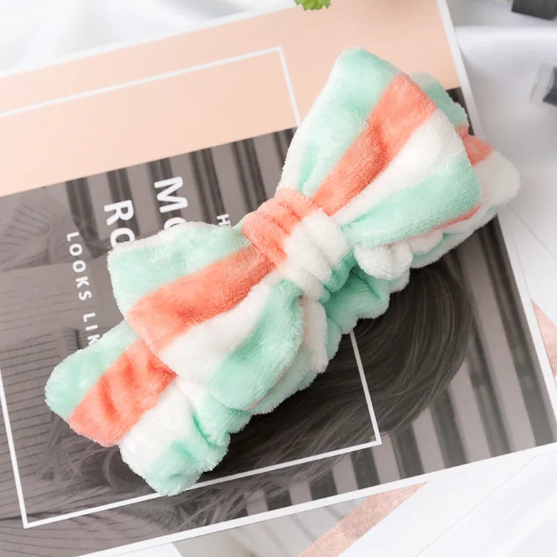 Women Stripes Pattern Soft Skin Care Single PP Bag Packing Coral Fleece Sports Shower Make Up Facial Bow Knot Velvet Headbands