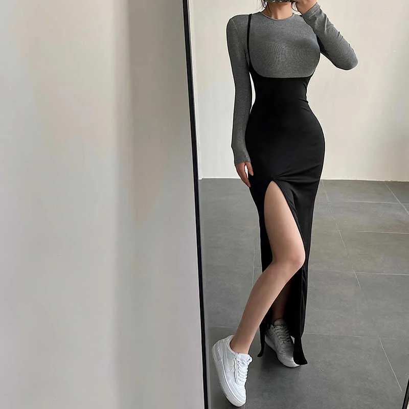 TVVOVVIN European Fashion Trend Low Collar Suspender Dress Women Sexy Backless Side High Split Party Black Dresses 4PLN