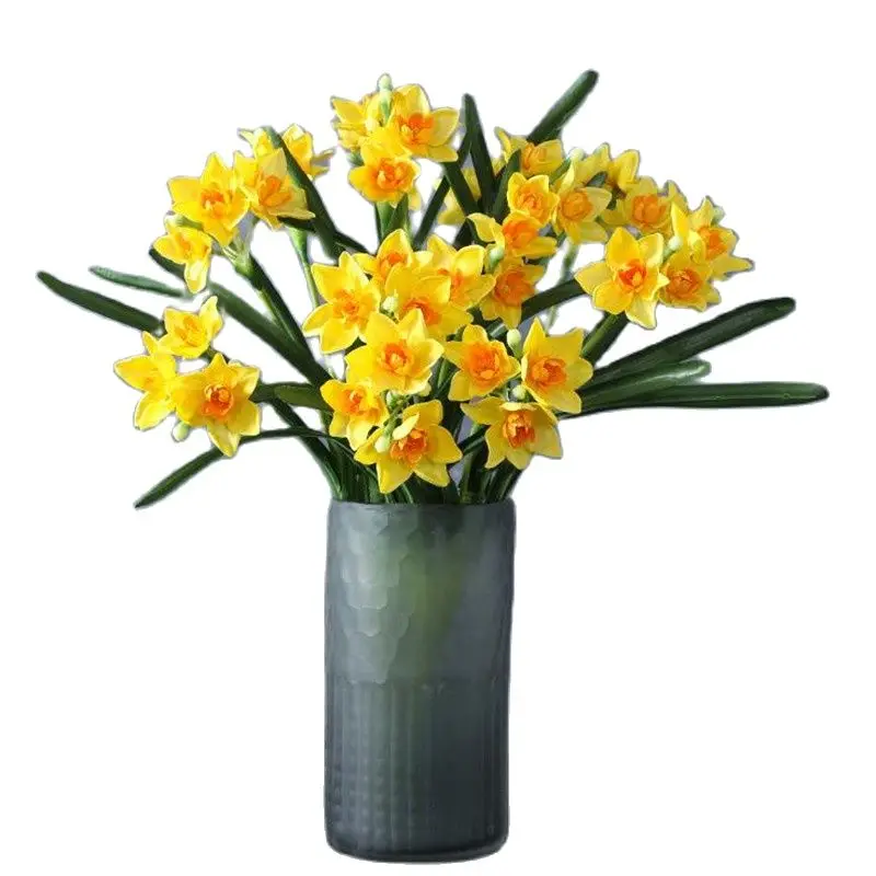 One Fake Daffodil Bunch Flower Simulation Narcissus with Green Leaf for Wedding Home Decorative Artificial Flowers