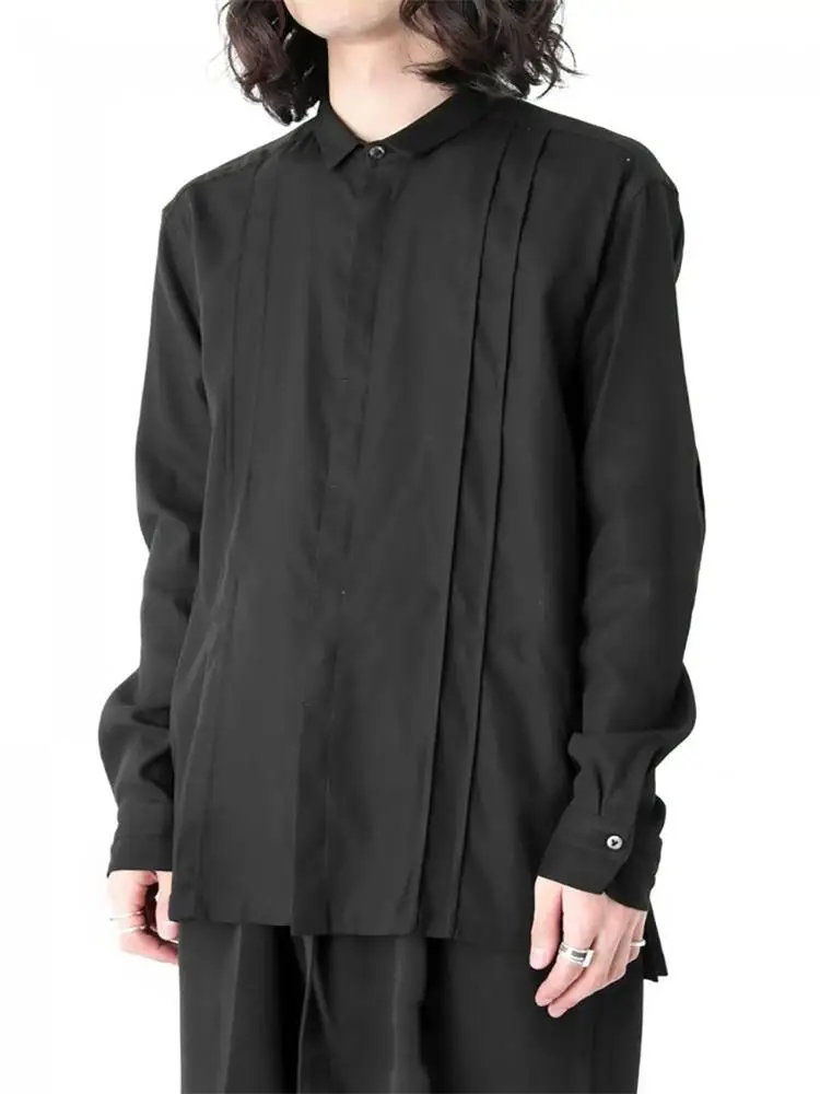 Men's New Deep Black Department Long Sleeve Pleating Splicing Design Classic Simple Fashion Personality Casual Loose Large Shirt