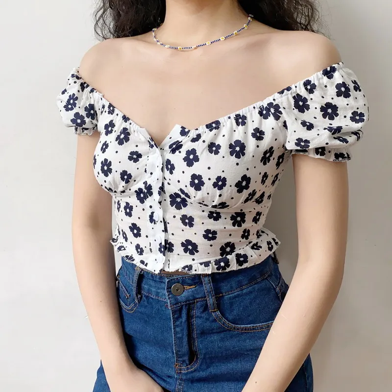 Square Neck Floral Pink Blouse Short Sleeve Crop Top Women Fashion Cropped Bustier Top Summer Vintage Shirt Puff Sleeve Blouses