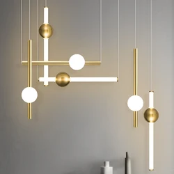 Simple Modern Art Chandelier With Vertical And Horizontal Lines Nordic Metal Luminous Ball Designer Restaurant Cafe Lights