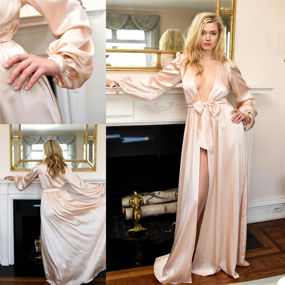 Robe De Mariée Satin Women Bathrobe With Belt Custom Made Sleepwear Long Sleeve Nightgown