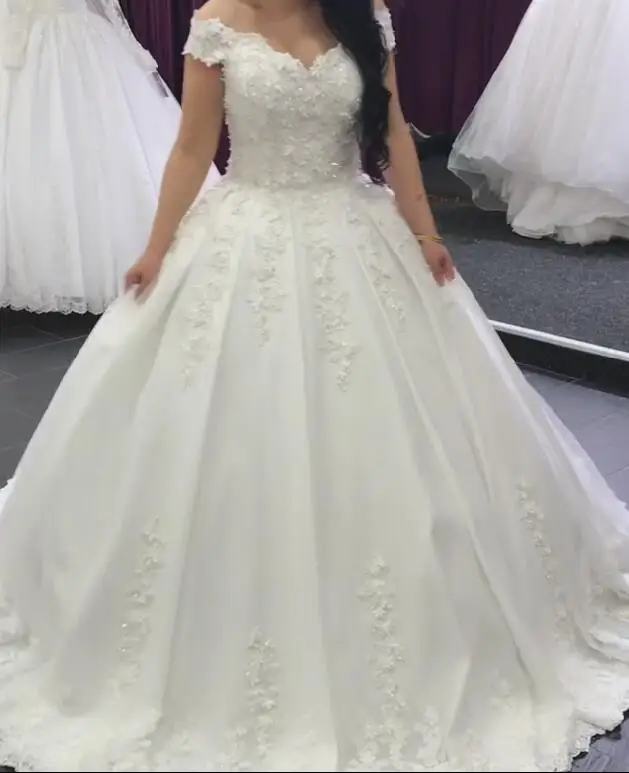 Vestido De Novia con cuentas De cristal para mujer, vestido De Novia De satén, blanco, marfil, con encaje hinchado, longitud hasta el suelo, HC46