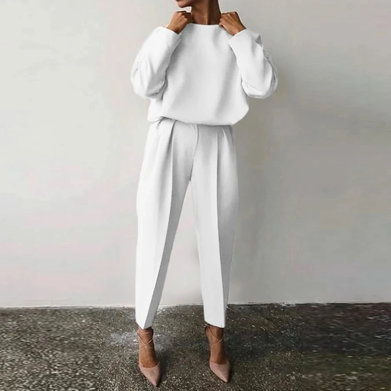 Women Elegant Solid Color 2 Piece Sets Casual O Neck Pullover Tops And Long Pants Suit Ladies Fashion Loose Outfits Streetwear