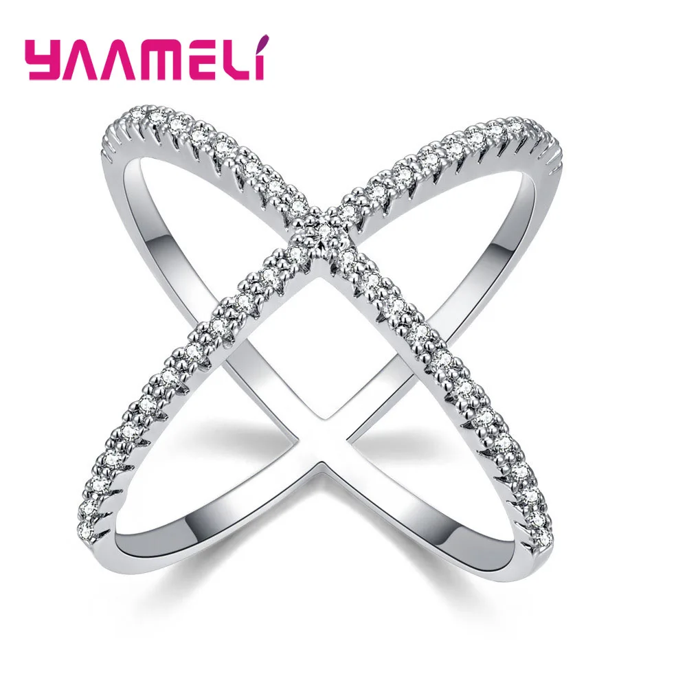 925 Sterling Silver Jewelry Ring for Women Female High Quality Cross X Shaped 3D Rhinestone Inlay Paved Wedding Engagement Gift