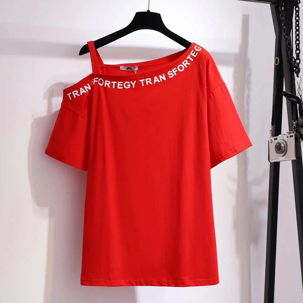 150Kg Plus Size Women's Summer One-Shoulder Printed Letter T-Shirt Bust 156cm 6XL 7XL 8XL 9XL 10XL Loose Cotton Top Black Red