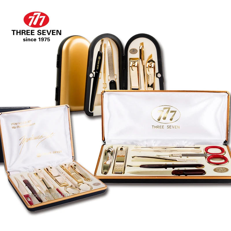 Kit de coupe-ongles de luxe classique trois sept/777, outils pour ongles plaqués or 14K, soins à domicile, manucure et pédicure, ensemble d'ongles, cadeaux d'affaires