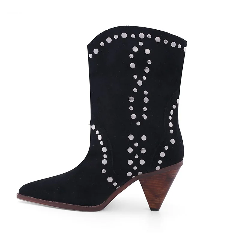 Black Ankle Boots Suede Leather Rivets Studded Women Fashion Pointed Toe Spike Heels Brown Boots Slip On Woman Gladiator Shoes