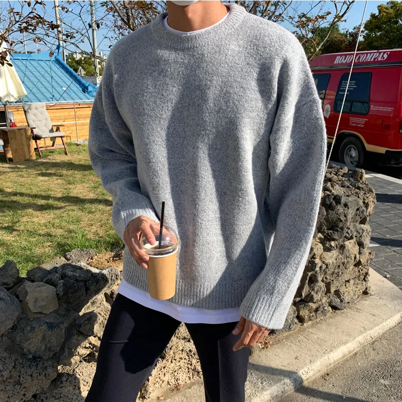 

2021 fashion base autumn and winter gray sweater men's round neck versatile casual loose Korean style loose solid color sweater