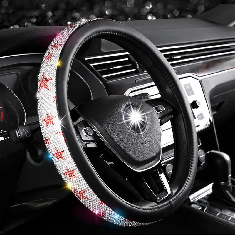 

Luxury Rhinestones Crystal Pentagram Car Steering Wheel Cover PU Leather Handlebar Cover Case Auto Accessories Fit 36-38CM