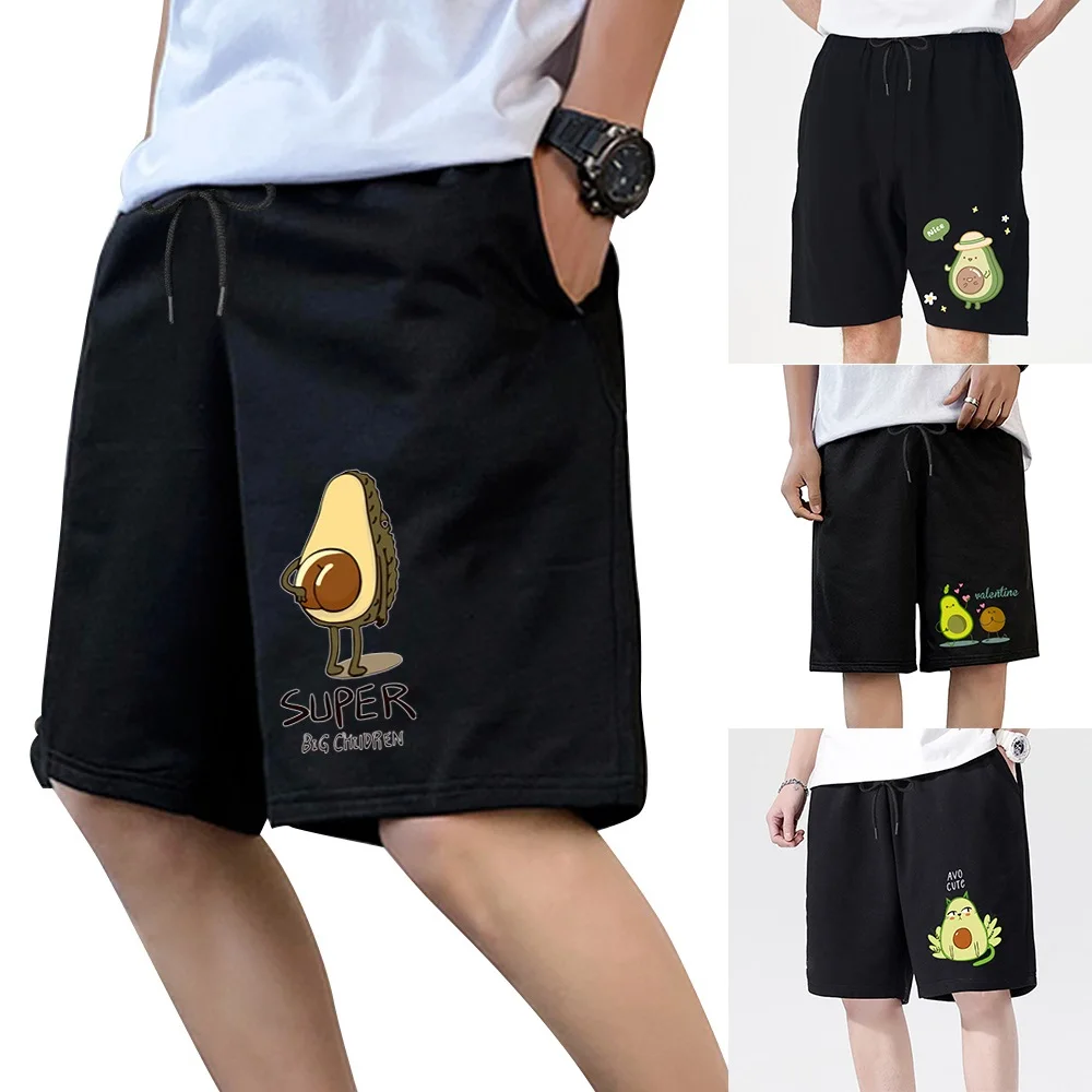 Men Drawstring Loose Summer Mid Rise Pockets Short Pants for Fitness Shorts Men Clothing Black Avocado Printed Breathable Shorts