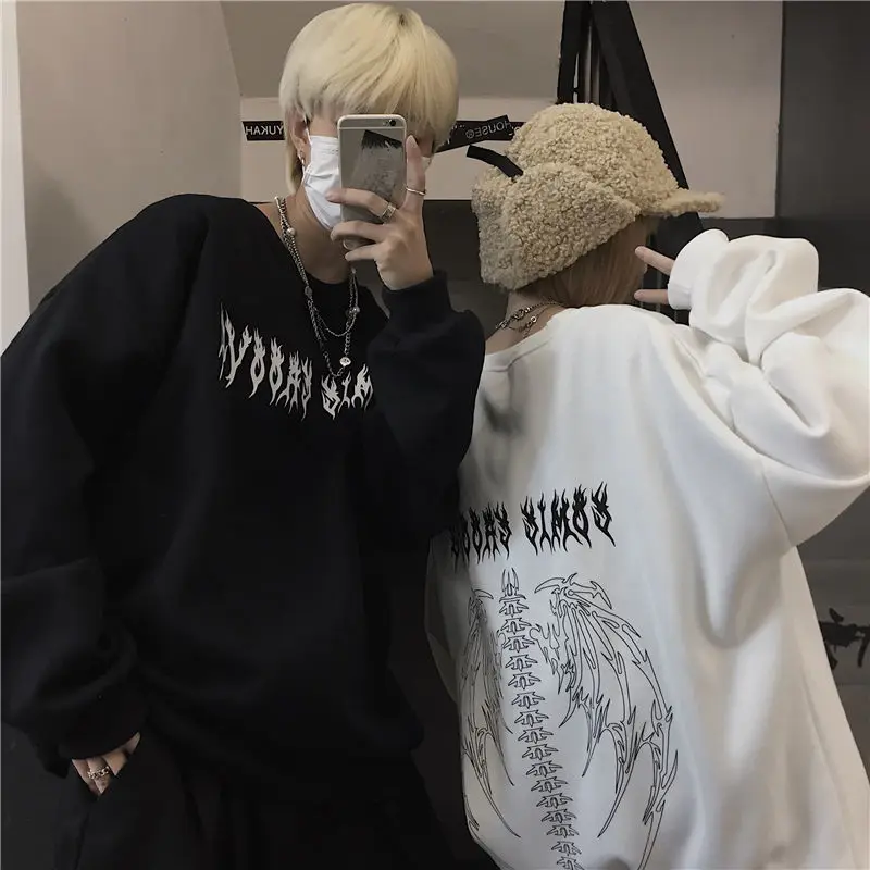 Harajuku Gothic Oversized Hoodies Streetwear Hip-hop Cool Couple High Street Sweatshirt Women Autumn Casual Loose Pullovers Tops