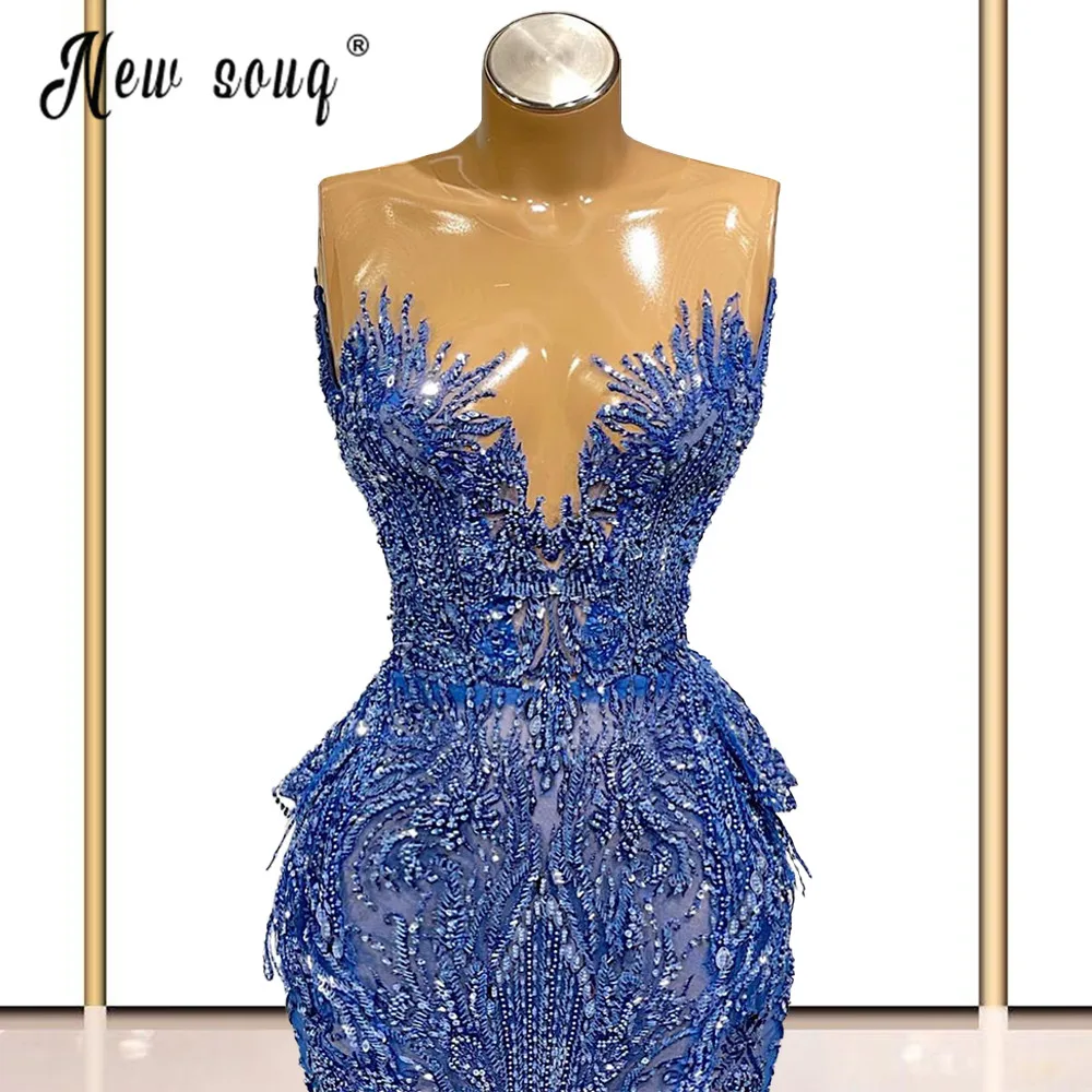 Gorgeous Blue Mermaid Evening Gowns 2021 Illusion Full Beading Celebrity Influencer Prom Dresses Wedding Gown Robe Soiree