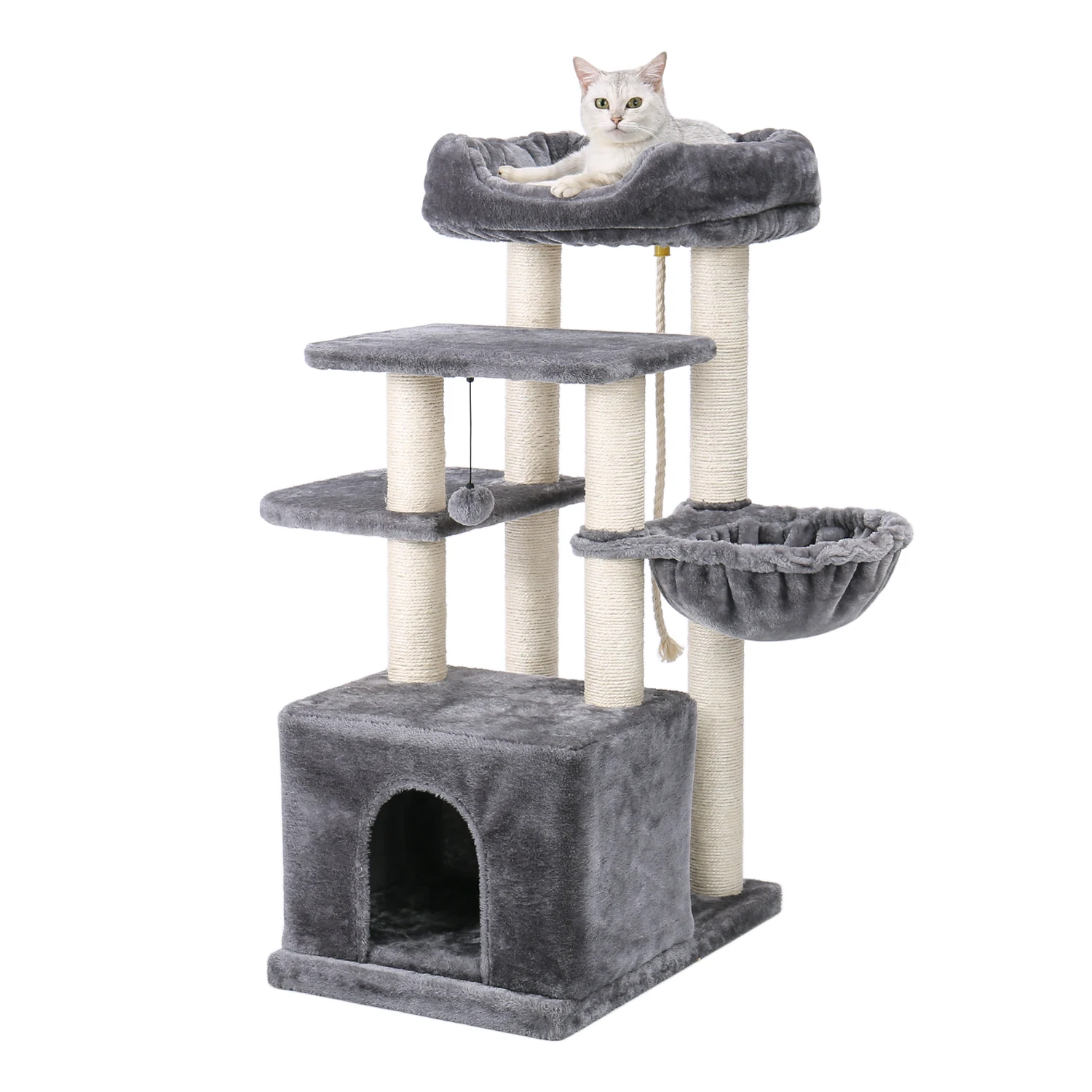 

US Fast Delivery Cat Tree Condo Natural Sisal Scratching Post for Kitten Pet Cat Tower Cozy Perch Specious Hummock Dangling Ball