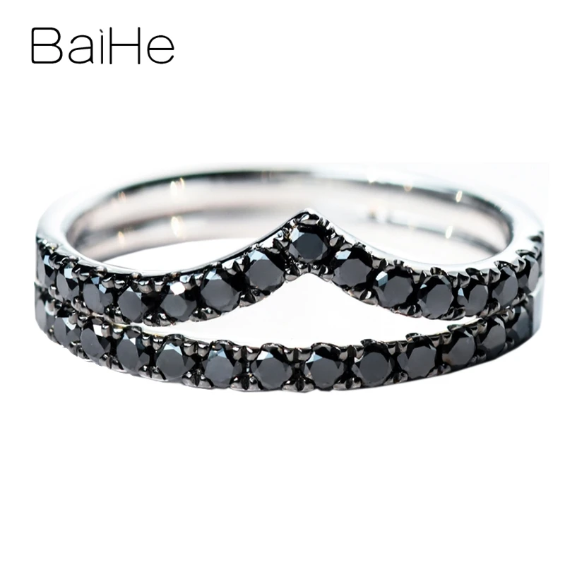 BAIHE Solid 14K White Gold Natural Black Diamond Ring Women Men Engagement Trendy Fine Jewelry Making Anillo diamante negro