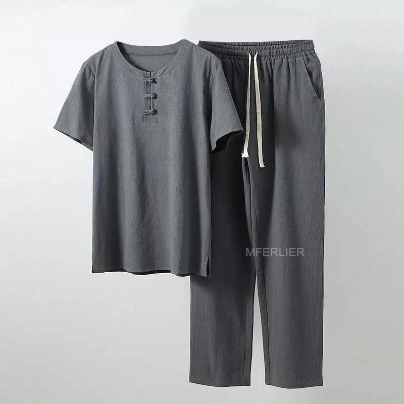 plus size 9XL 160kg summer men linen pajamas Short Sleeve T-shirt and pants Chinese style vintage tees elasticity pajamas