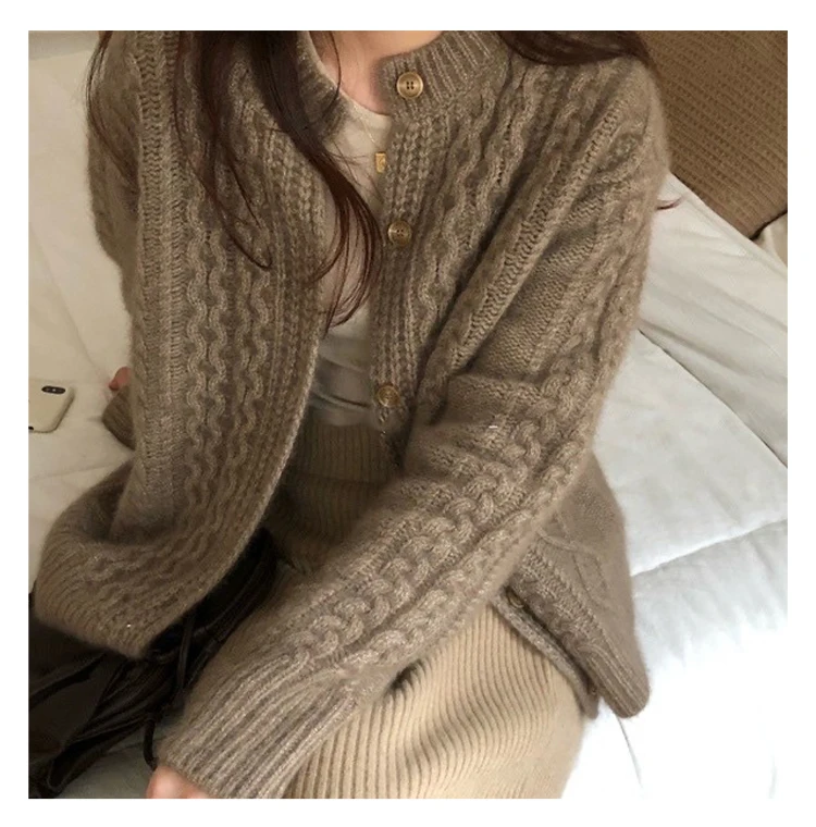 Fall Winter New Style 100% Cashmere And Wool Sweater Cardigan Women Loose Lazy O-Neck Twist Cardigans Soft Knitted Jacket