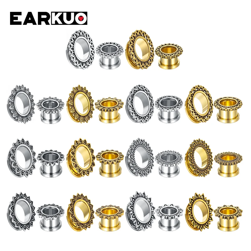 EARKUO Fashionable Quality Stainless Steel Flower Ear Gauges Tunnels Expanders Piercing Body Jewelry Ear Plugs Stretchers 2PCS