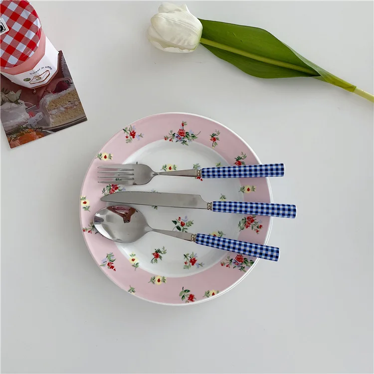 Tableware Dessert Steak Plaid Stainless Steel Ceramic Glossy Blue Red Checked Ceramic Handle Knife Fork Spoon Kitchen Dinnerware