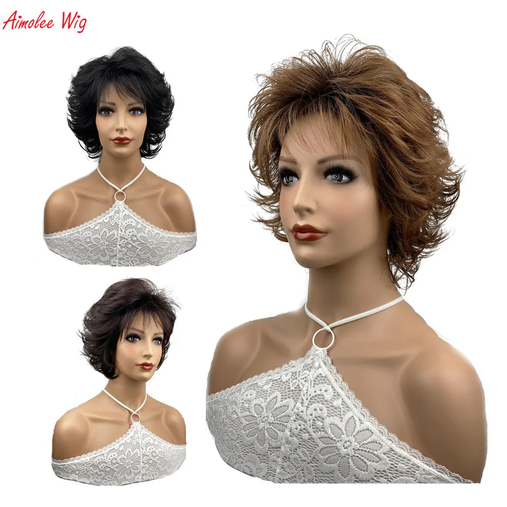 Aimolee Synthetic Wigs Short Curly Hair Layered Pixie Cut Blonde/Red Wig Wig for Women