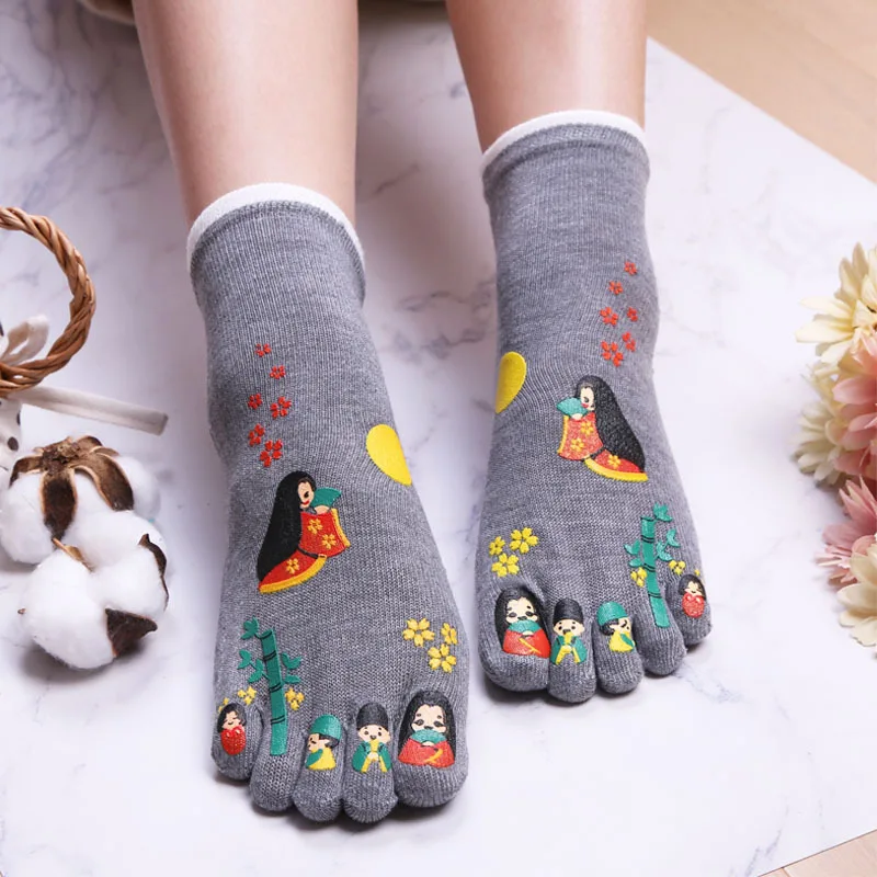 Socks Women\'s Cute Print Colorful Five Toes Non-slip Cotton Glue Harajuku Kawaii Split Toe Socks Female Funny Gift