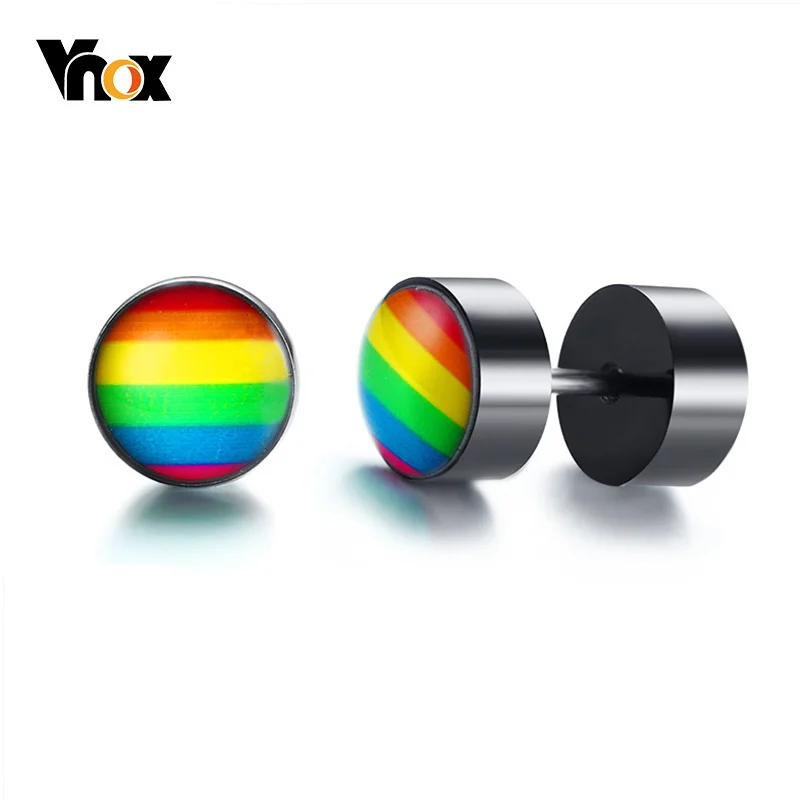 Vnox LGBTQ Pride Rainbow Stud Earrings For Men Stainless Steel Screw Earings Punk Jewelry