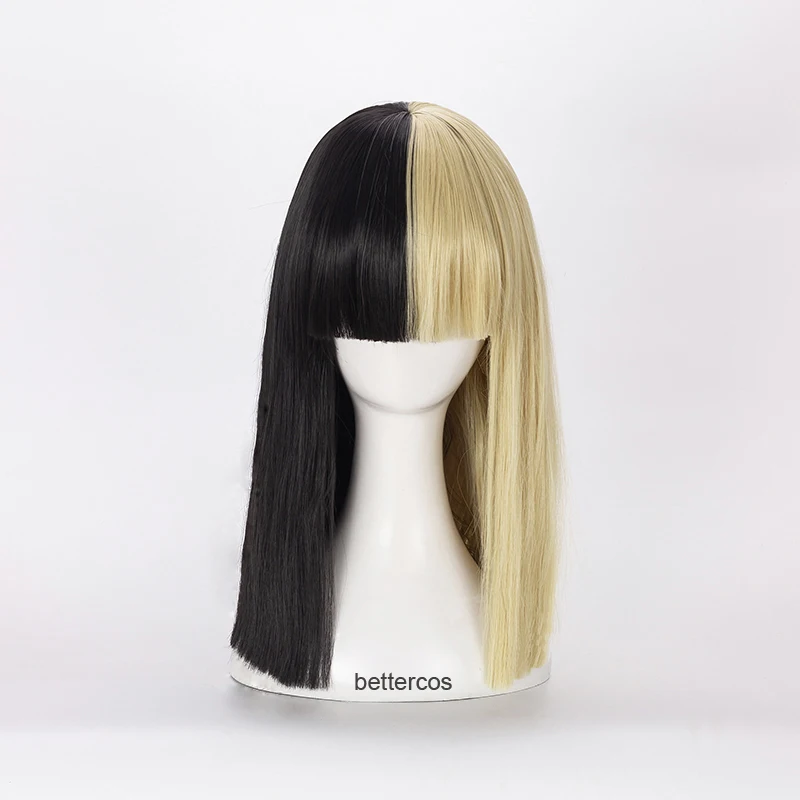 SIA Cosplay Wig Short Straight Flat Bangs Half Black and Blonde Heat Resistant Synthetic Hair Wig + Wig Cap + Big Bowknots