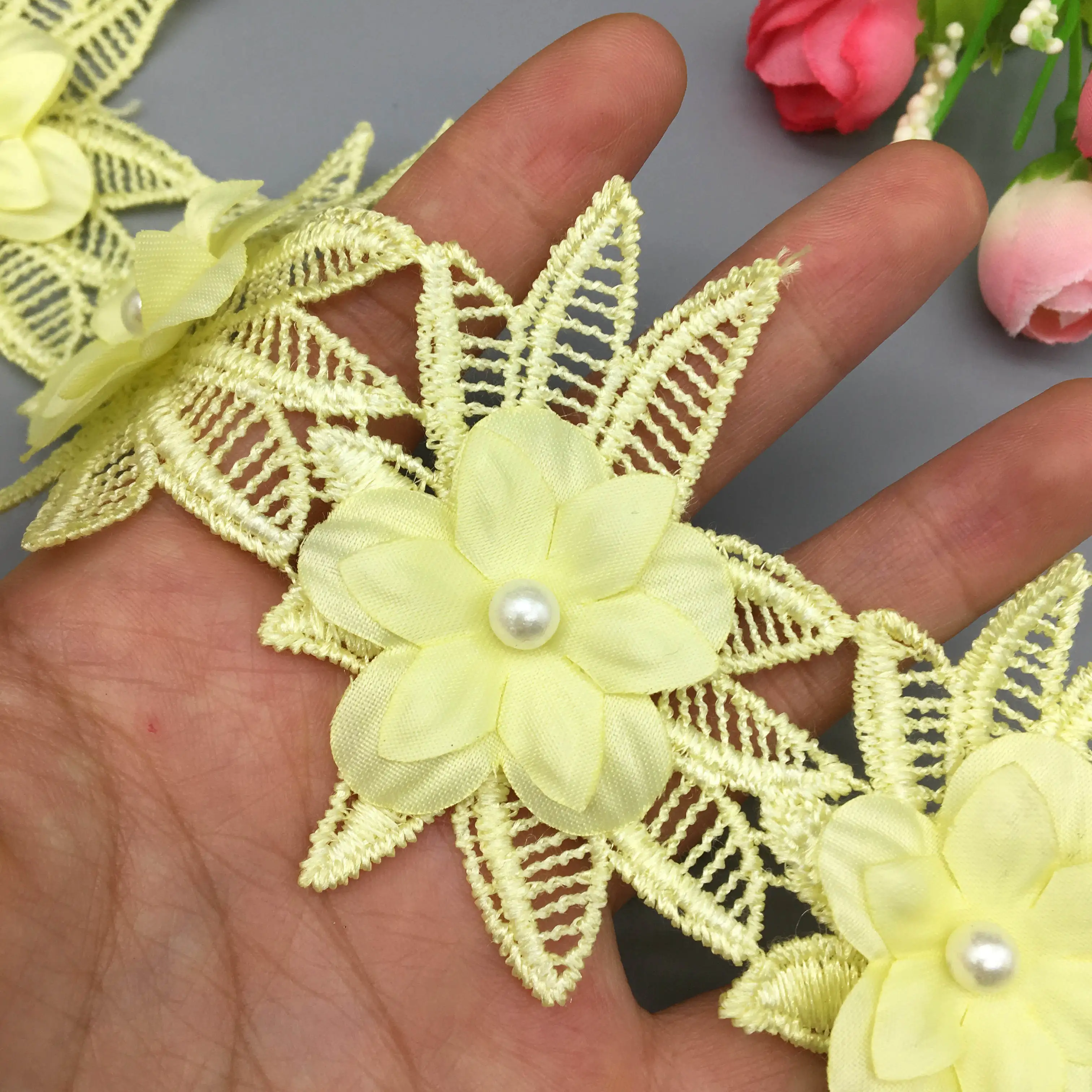 

2 yards 6cm Yellow Pearl Lace Flower Leaves Floral Embroidered Lace Trim Ribbon Fabric Handmade DIY Wedding Dress Sewing Craft