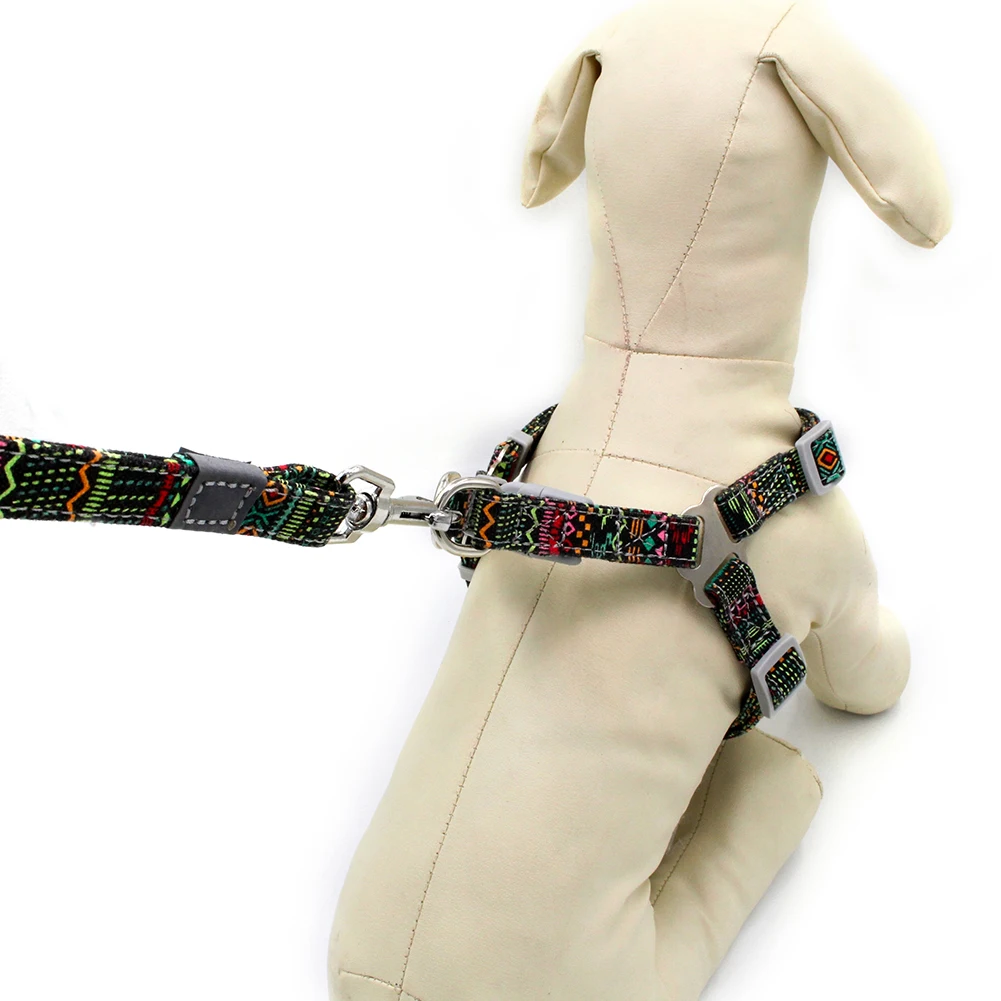 S/M Bohemian Style Breathable Dog Puppy Strappy Vest Harness Leash Reflective Pet Chest Straps Double-layer Canvas Pet Leashes