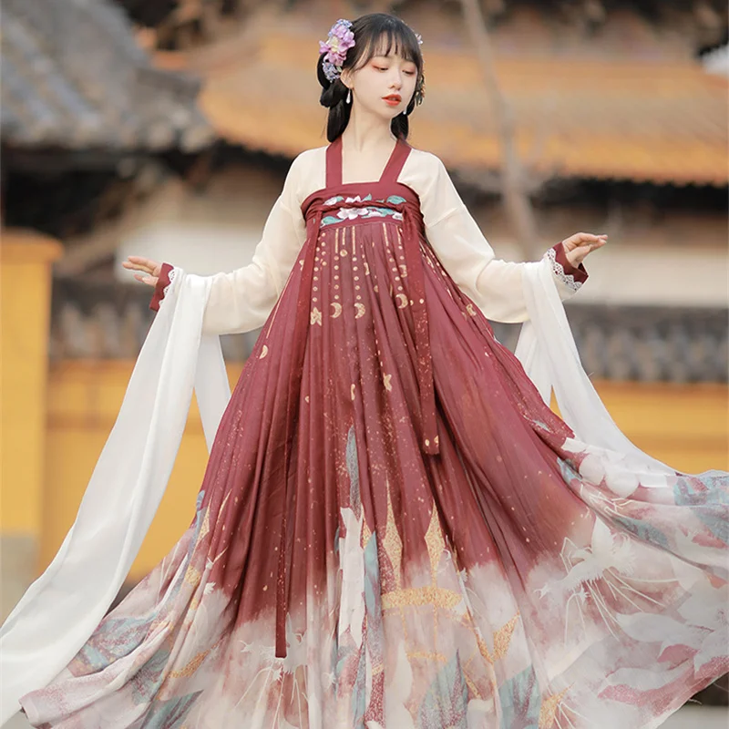 

Hanfu Chinese Traditional Retro Style Ancient Costume Peony Embroidery Lacing Chiffon Thin Elegant Fairy Dresses Sets 3 Meter