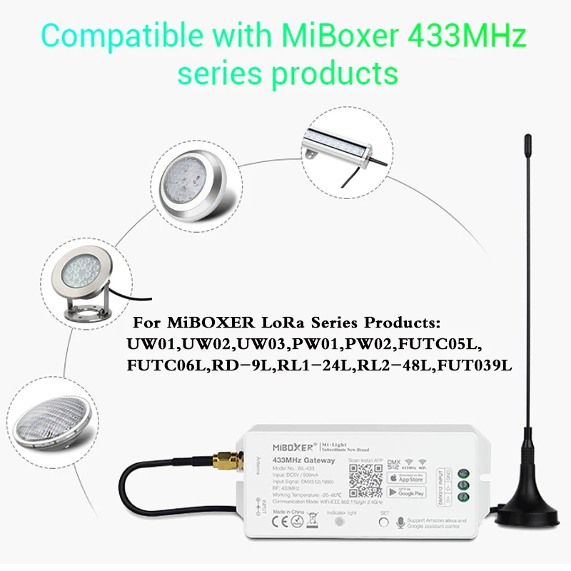 433MHz Gateway 5V 2.4G Wifi Voice APP Control For MiBOXER LoRa Series Products UW01,UW02,UW03,PW01,PW02,FUTC05L,FUTC06L,FUT039L