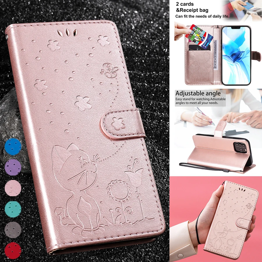 

Leather Wallet Cat and Bee Fashion Case For iPhone 13 Pro Max 13Mini 12 Pro Max 11 Pro Max SE2020 X XS XR XS Max 8/7/6S Plus 5S
